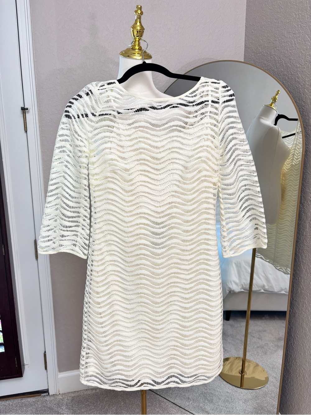 NWT Lilly Pulitzer White Crochet Wave Long Sleeve Shift Dress, XS